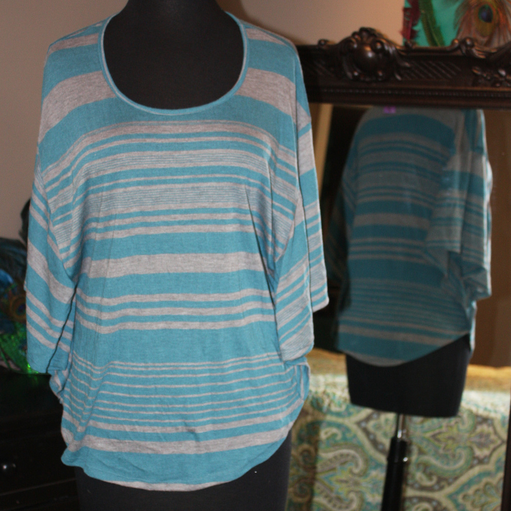 Dolman Blouse teal grey stripes_fitted hip L/XL